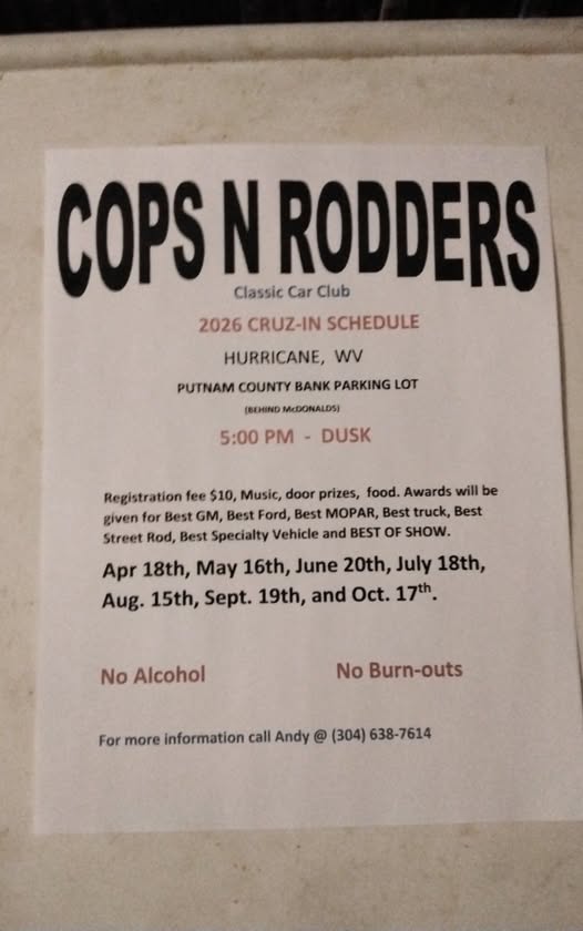 Cops N Rodders event at PUTNAM COUNTY BANK PARKING LOT in HURRICANE, WV on April 18, 2026