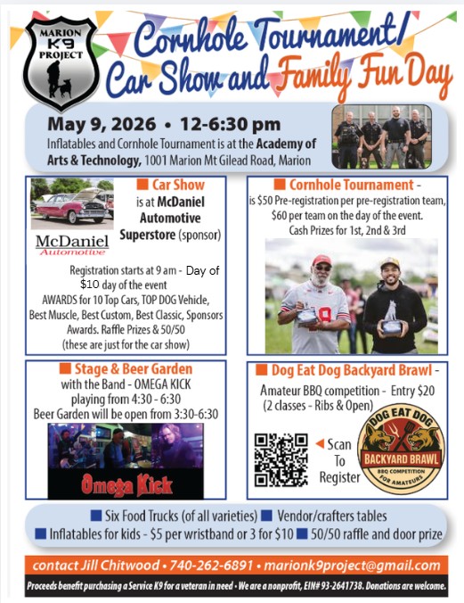 Cornhole Tournament / Car Show and Family Fun Day event at Academy of Arts & Technology in Marion, OH on May 9, 2026