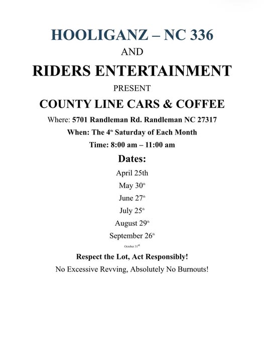 County Line Cars & Coffee event at 5701 Randleman Rd in Randleman, NC on April 25, 2026