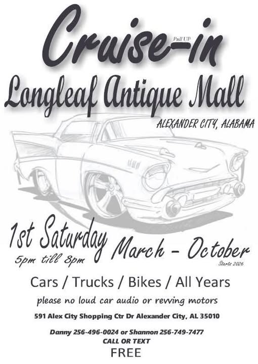 Cruise-in event at Longleaf Antique Mall in Alexander City, AL on March 7, 2026
