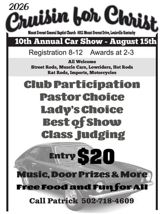 Cruisin for Christ event at Mount Everest General Baptist Church in Louisville, KY on August 15, 2026