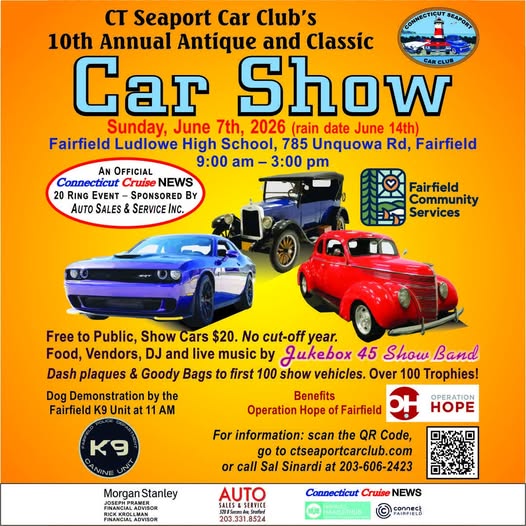 CT Seaport Car Club's 10th Annual Antique and Classic Car Show event at Fairfield Ludlowe High School in Fairfield, CT on June 7, 2026