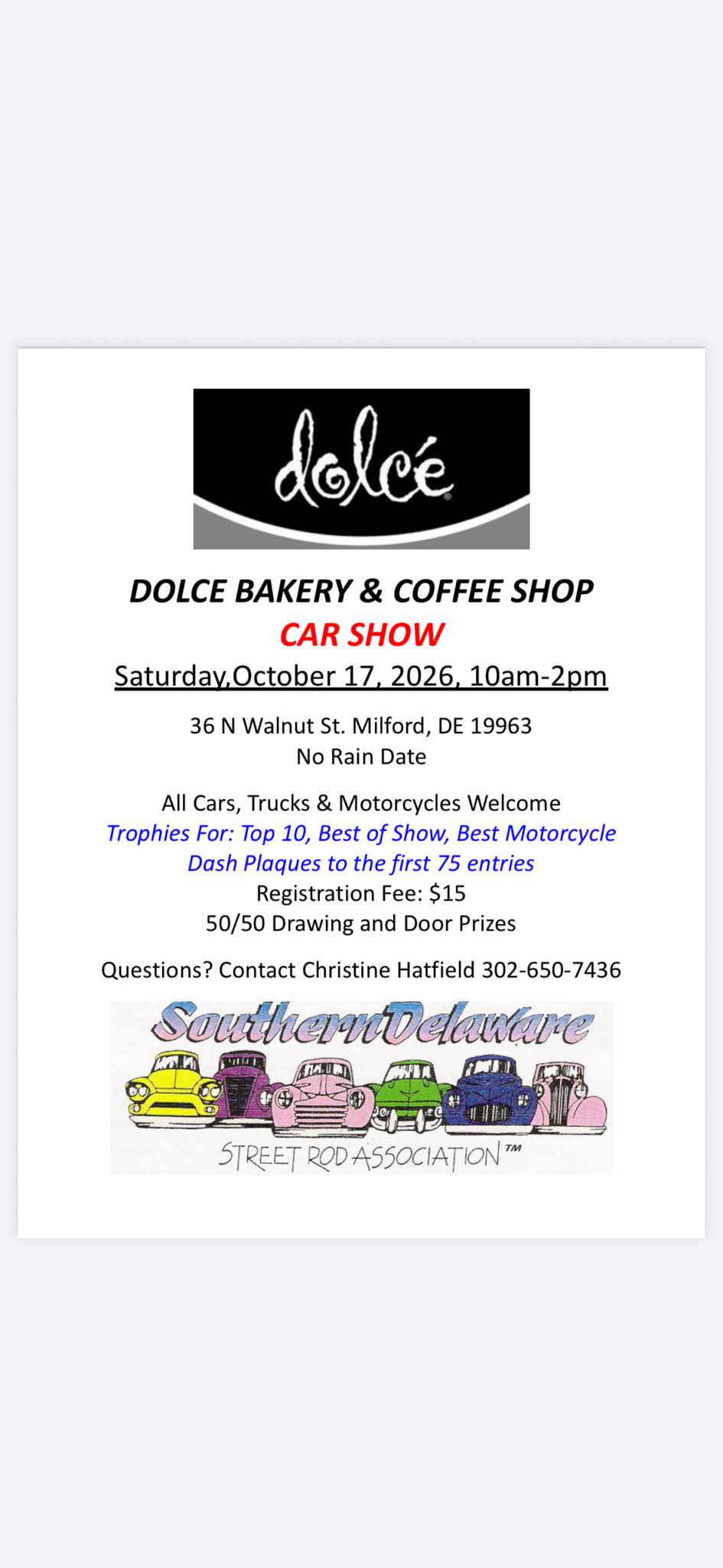 Dolce Bakery & Coffee Shop Car Show event at Dolce Bakery & Coffee Shop in Milford, DE on October 17, 2026