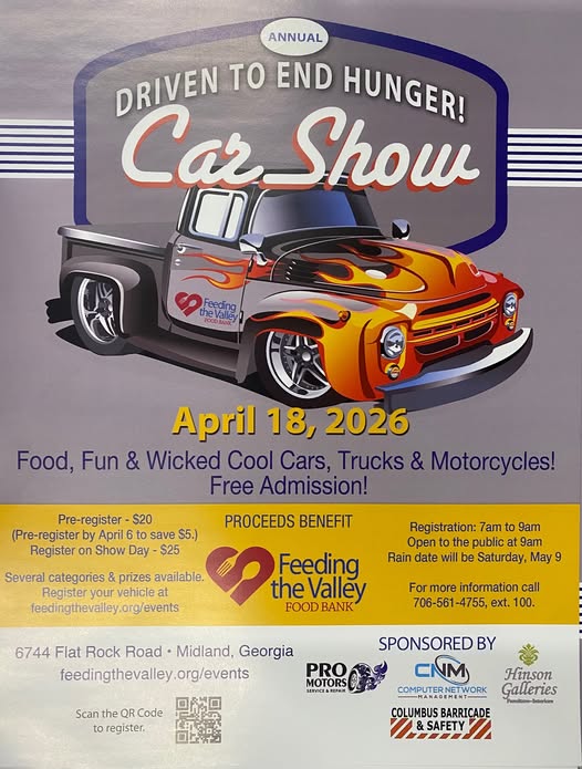 Driven to End Hunger! Car Show event at 6744 Flat Rock Road in Midland, GA on April 18, 2026
