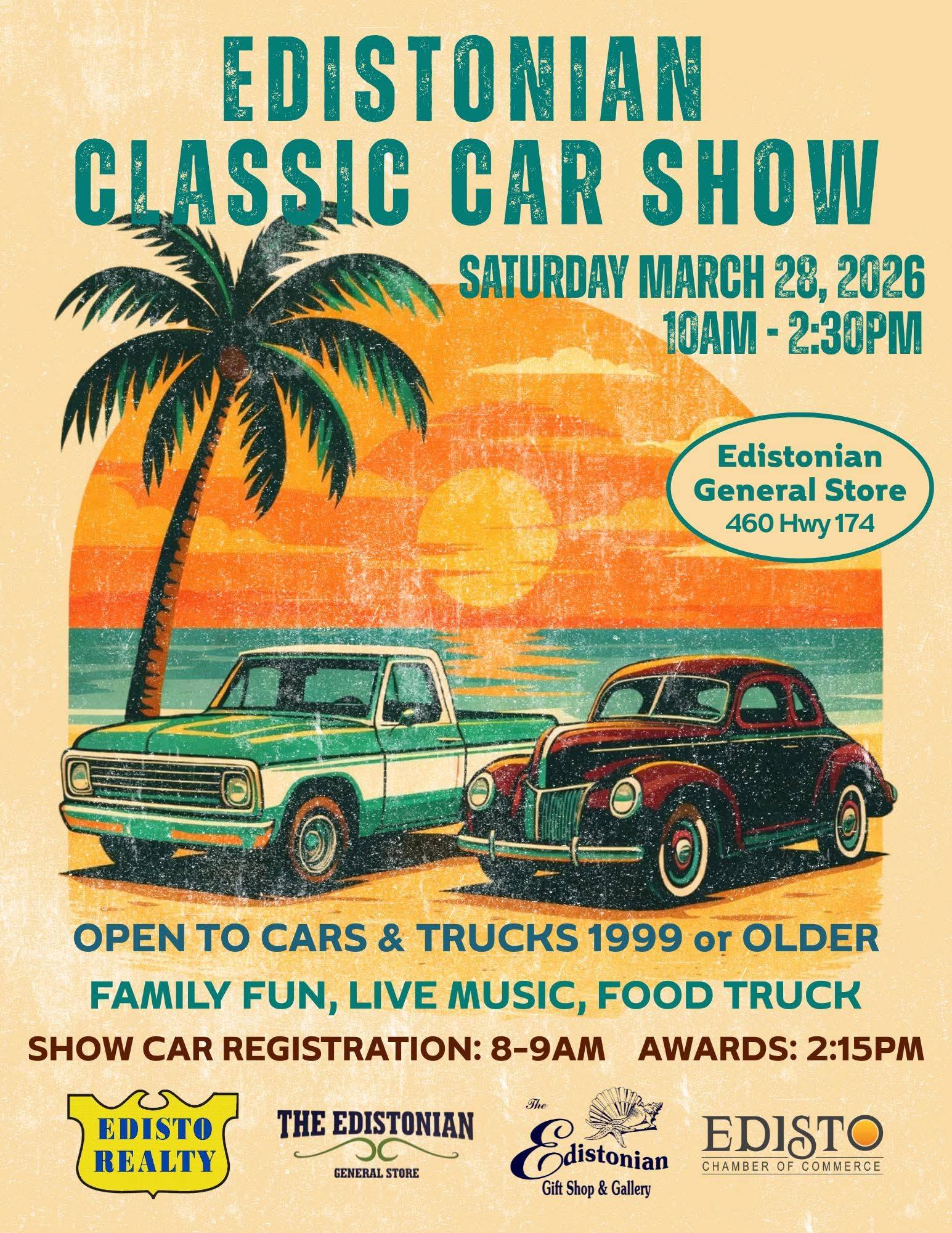 Edistonian Classic Car Show event at Edistonian General Store in Edisto Island, SC on March 28, 2026