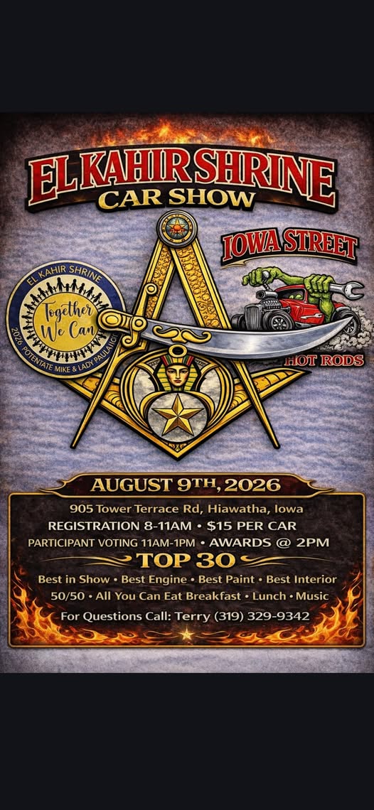 El Kahir Shrine Car Show event at 905 Tower Terrace Rd in Hiawatha, IA on August 9, 2026