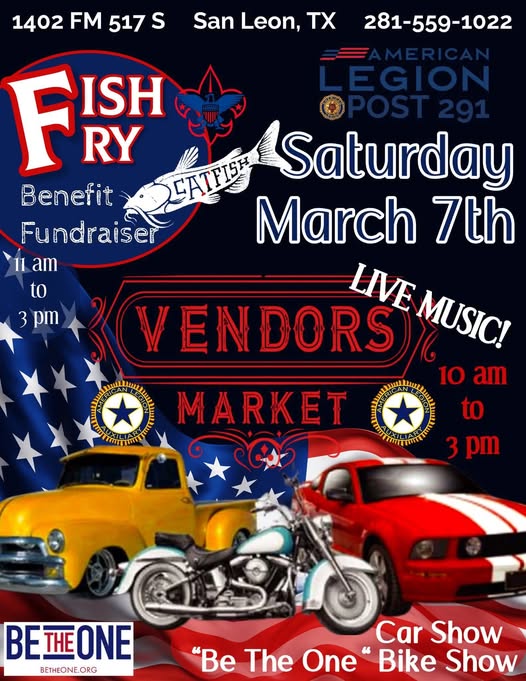 Fish Fry Benefit Fundraiser event at American Legion Post 291 in San Leon, TX on March 7, 2026
