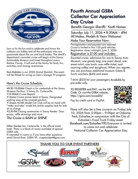 Fourth Annual GSRA Collector Car Appreciation Day Cruise event at Savoy Automobile Museum in Cartersville, GA on July 11, 2026