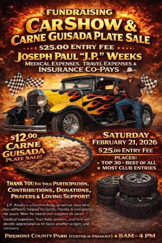 Fundraising Car Show & Carne Guisada Plate Sale event at Fremont County Park in Premont, TX on February 21, 2026
