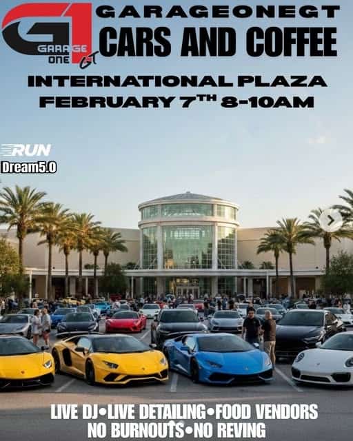 Garage One GT Cars And Coffee event at International Plaza in Tampa, FL on February 7, 2026