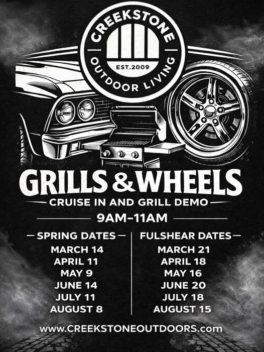 Grills & Wheels event at Creekstone Outdoor Living in Spring, TX on March 14, 2026
