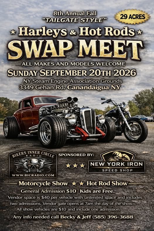 Harleys & Hot Rods Swap Meet event at NY Steam Engine Association Grounds in Canandaigua, NY on September 20, 2026