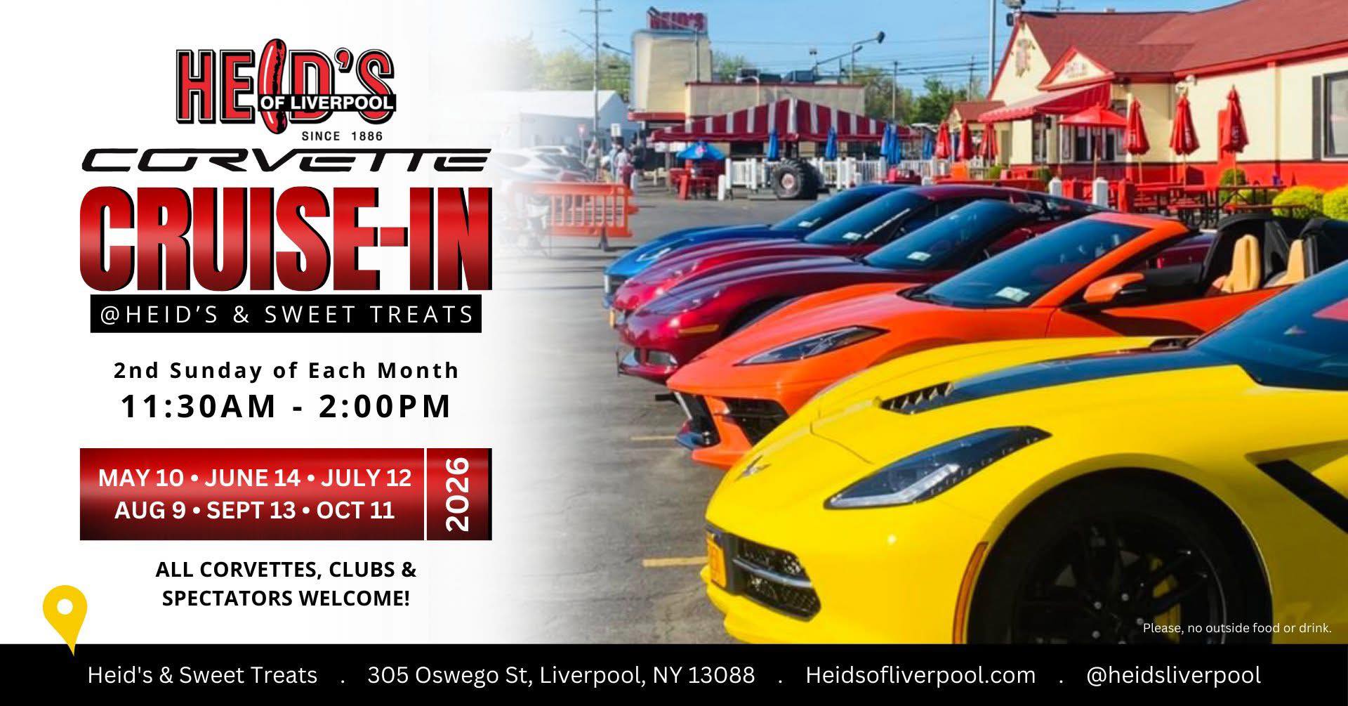Heid's Corvette Cruise-In event at Heid's & Sweet Treats in Liverpool, NY on May 10, 2026