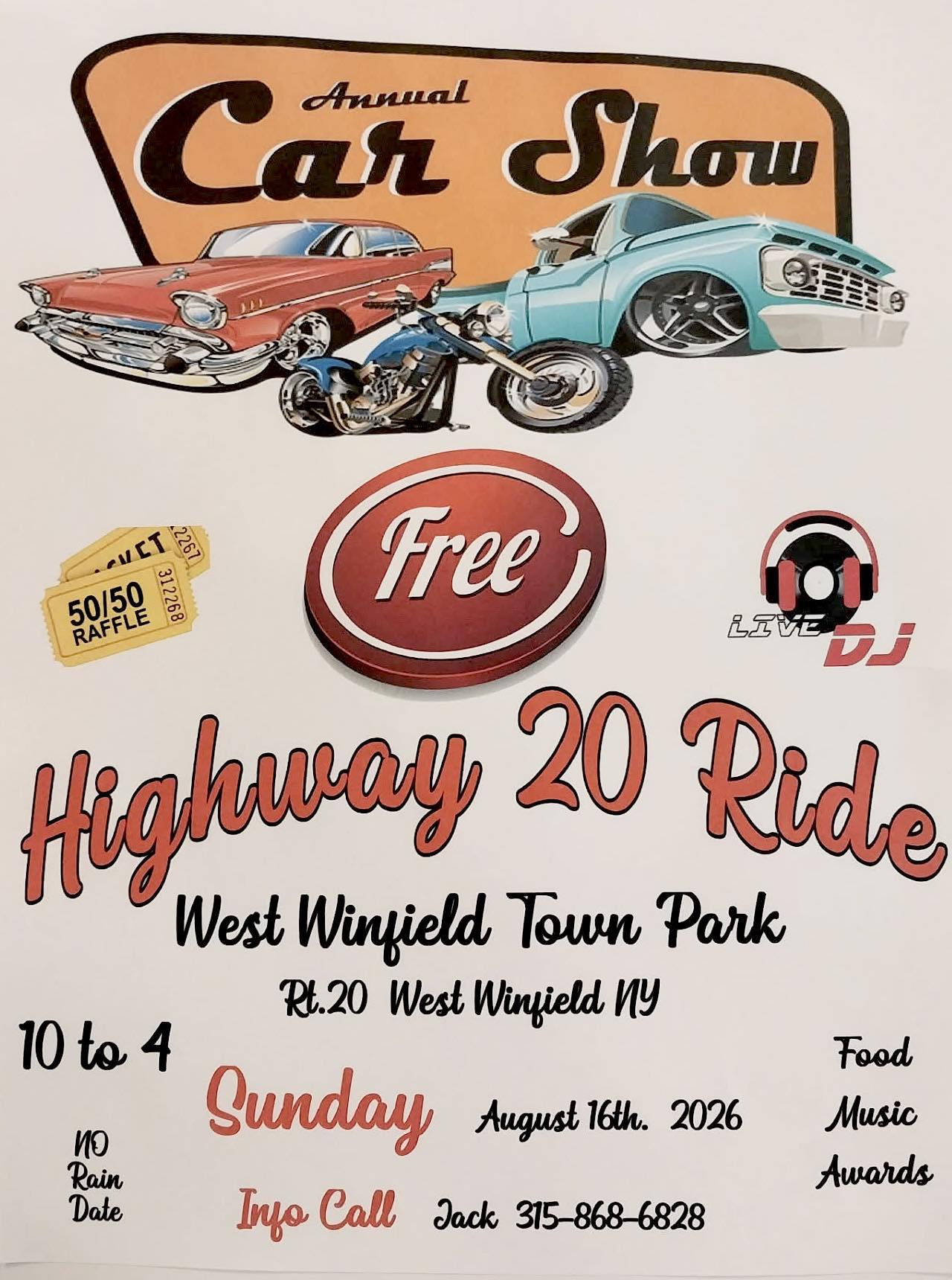 Highway 20 Ride Annual Car Show event at West Winfield Town Park in West Winfield, NY on August 16, 2026