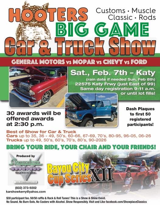Hooters Big Game Car & Truck Show event at Hooters in Katy, TX on February 7, 2026