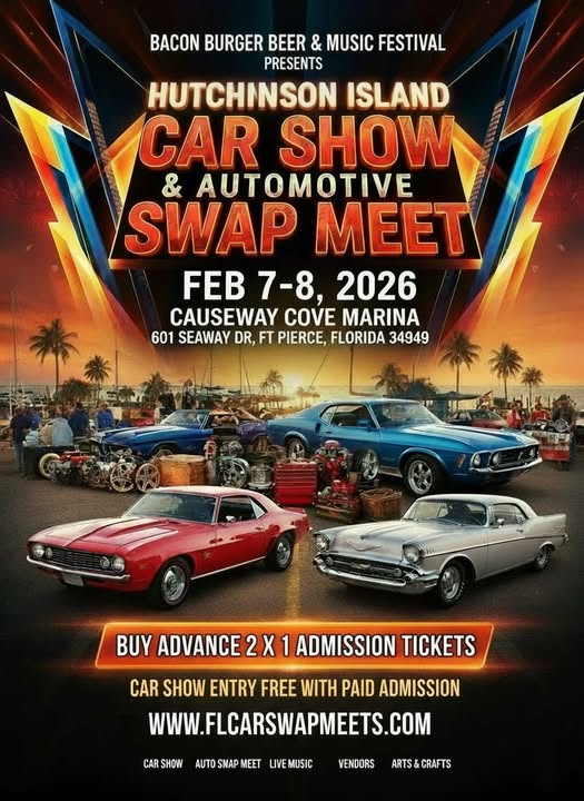 Hutchinson Island Car Show & Automotive Swap Meet event at Causeway Cove Marina in Ft Pierce, FL on February 7, 2026