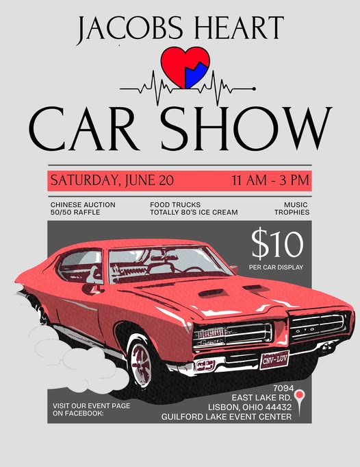Jacobs Heart Car Show event at Guilford Lake Event Center in Lisbon, OH on June 20, 2026