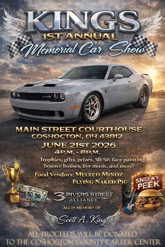Kings 1st Annual Memorial Car Show event at Main Street Courthouse in Coshocton, OH on June 21, 2026