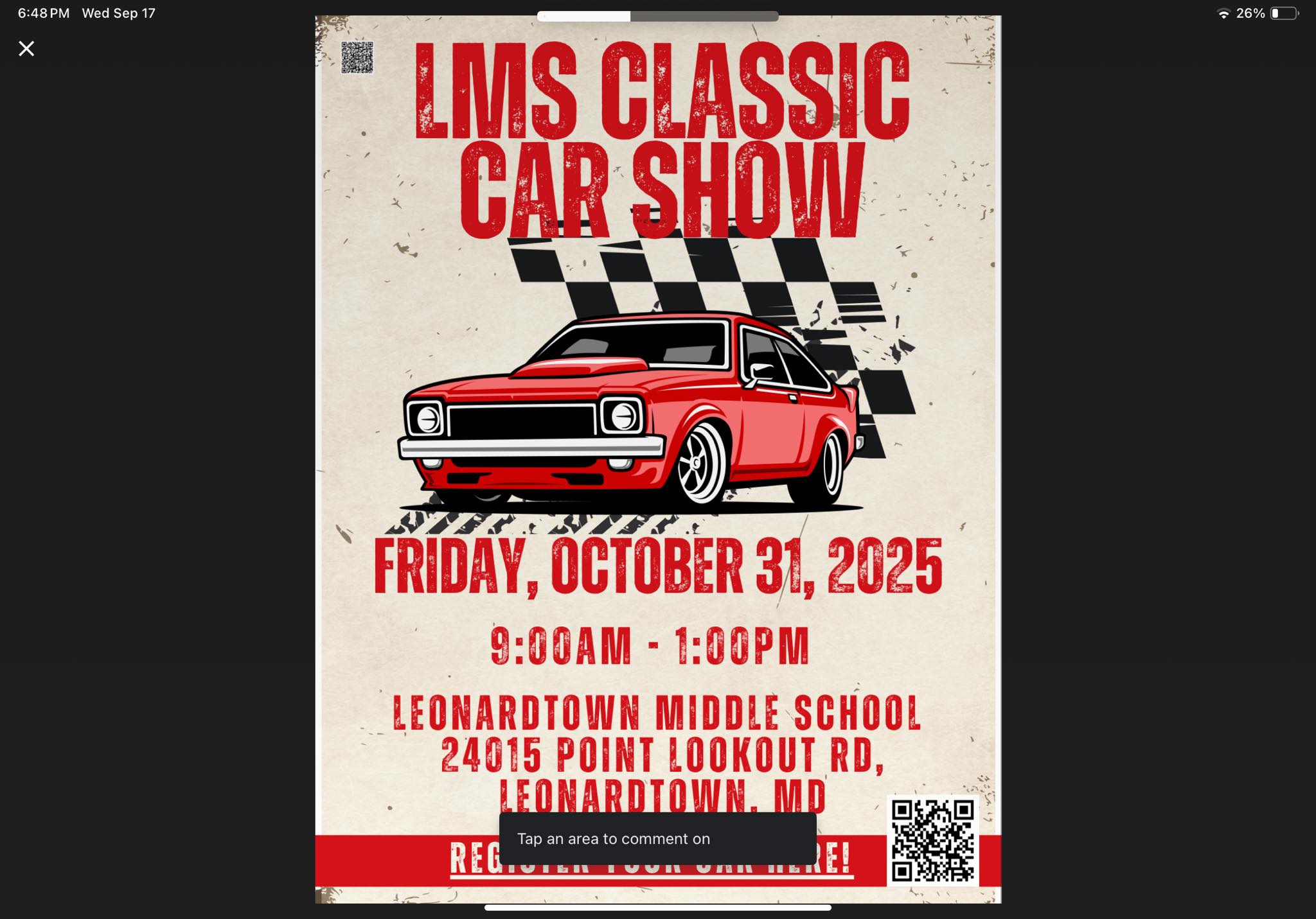 LMS Classic Car Show event at Leonardtown Middle School in Leonardtown, MD on October 31, 2025