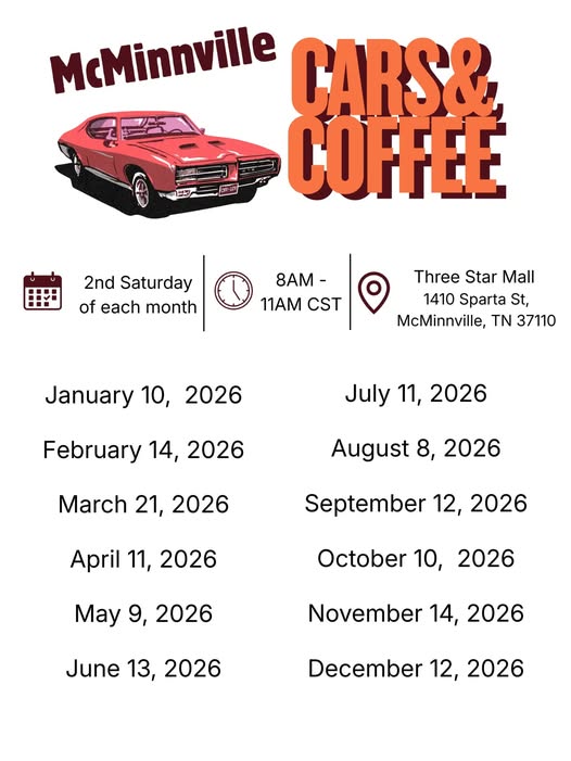 McMinnville Cars & Coffee event at Three Star Mall in McMinnville, TN on January 10, 2026