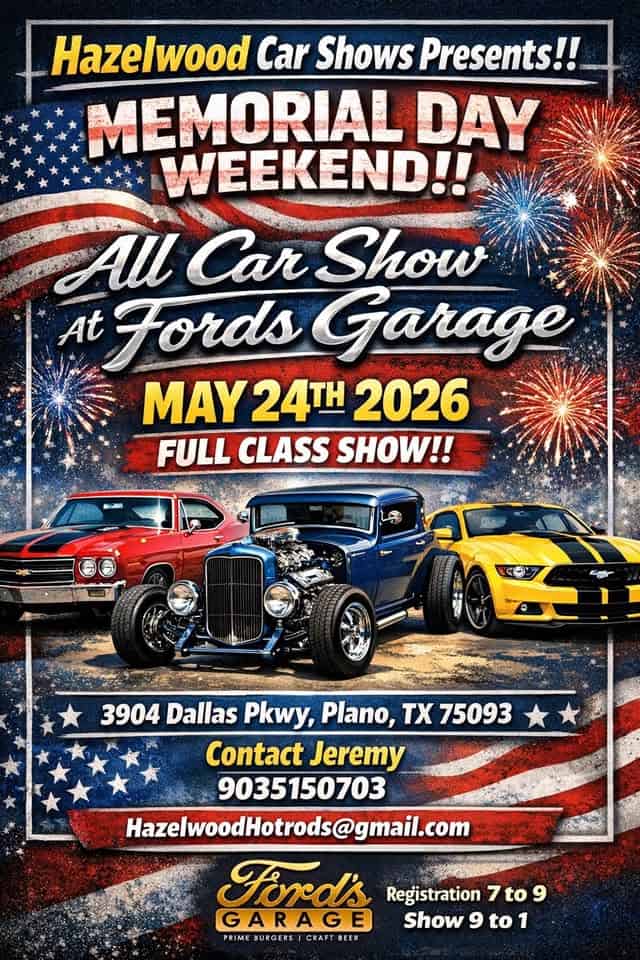Memorial Weekend Car Show at Fords Garage! event at 3904 North Dallas Pkwy in Plano, TX on May 24, 2026