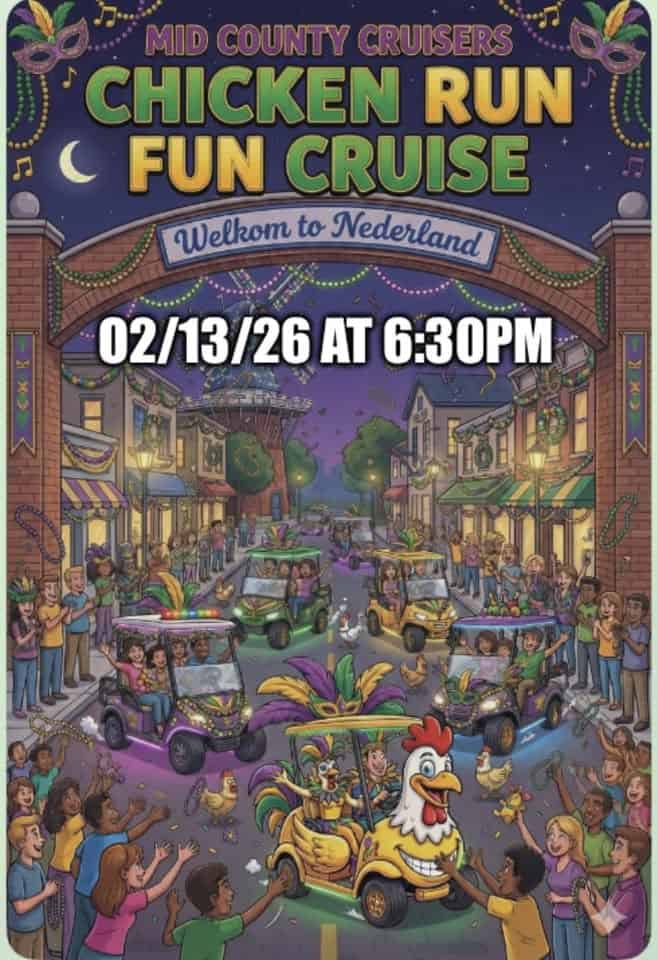 Mid County Cruisers Chicken Run Fun Cruise event at Nederland High School in Nederland, TX on February 13, 2026