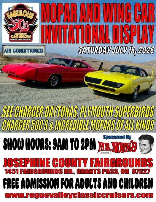 Mopar and Wing Car Invitational Display event at Josephine County Fairgrounds in GRANTS PASS, OR on July 18, 2026