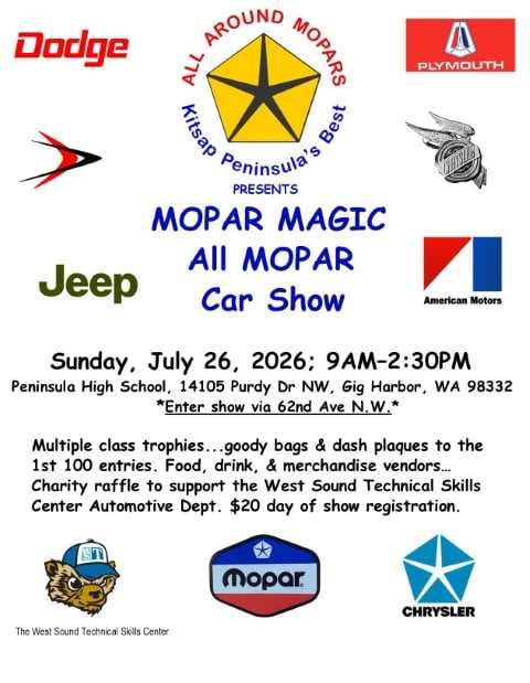 MOPAR MAGIC ALL MOPAR CAR SHOW event at 14105 Purdy Ln Nw in Gig Harbor, WA on July 26, 2026