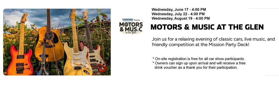 Motors & Music At The Glen event at Mission Party Deck -  Watkins Glen International race track in Watkins Glen, NY on August 19, 2026