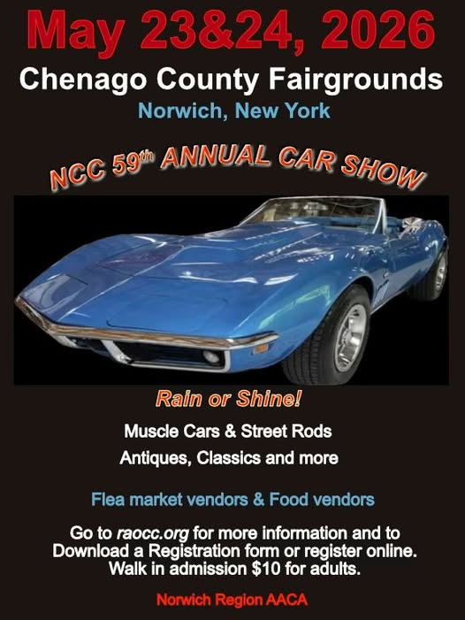 NCC 59th Annual Car Show event at Chenango County Fairgrounds in Norwich, NY on May 23, 2026
