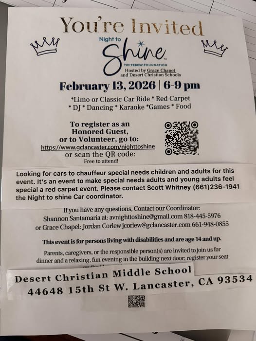 Night To Shine event at Desert Christian Middle School in Lancaster, CA on February 13, 2026