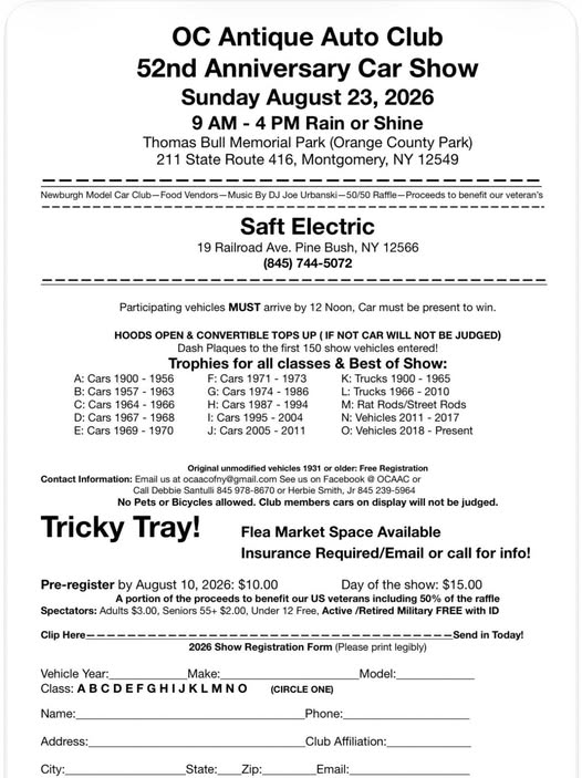OC Antique Auto Club 52nd Anniversary Car Show event at Thomas Bull Memorial Park in Montgomery, NY on August 23, 2026
