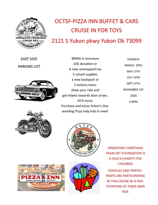 OCTSF-Pizza Inn Buffet & Cars Cruise In For Toys event at Pizza Inn in Yukon, OK on March 29, 2026