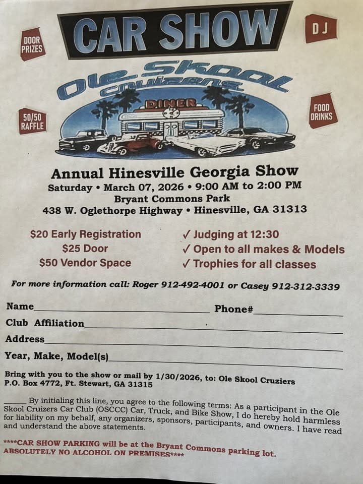 Ole Skool Cruziers Annual Car/Truck/Bike Show event at 438 W Oglethorpe Hwy in Hinesville, GA on March 7, 2026