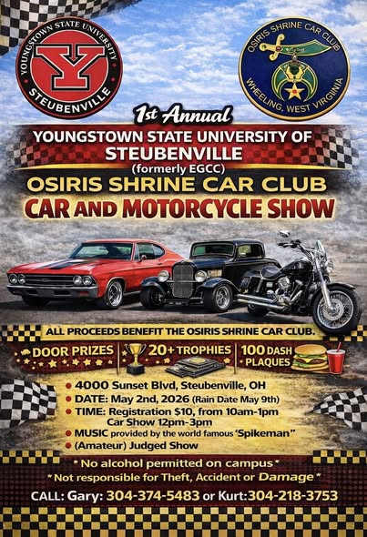 Osiris Shrine Car Club Car and Motorcycle Show event at Youngstown State University of Steubenville in Steubenville, OH on May 2, 2026