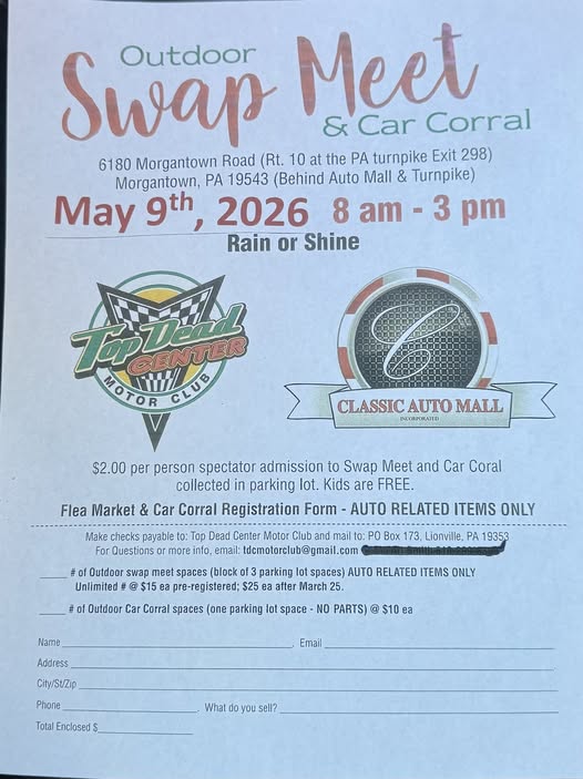 Outdoor Swap Meet & Car Corral event at Classic Auto Mall in Morgantown, PA on May 9, 2026