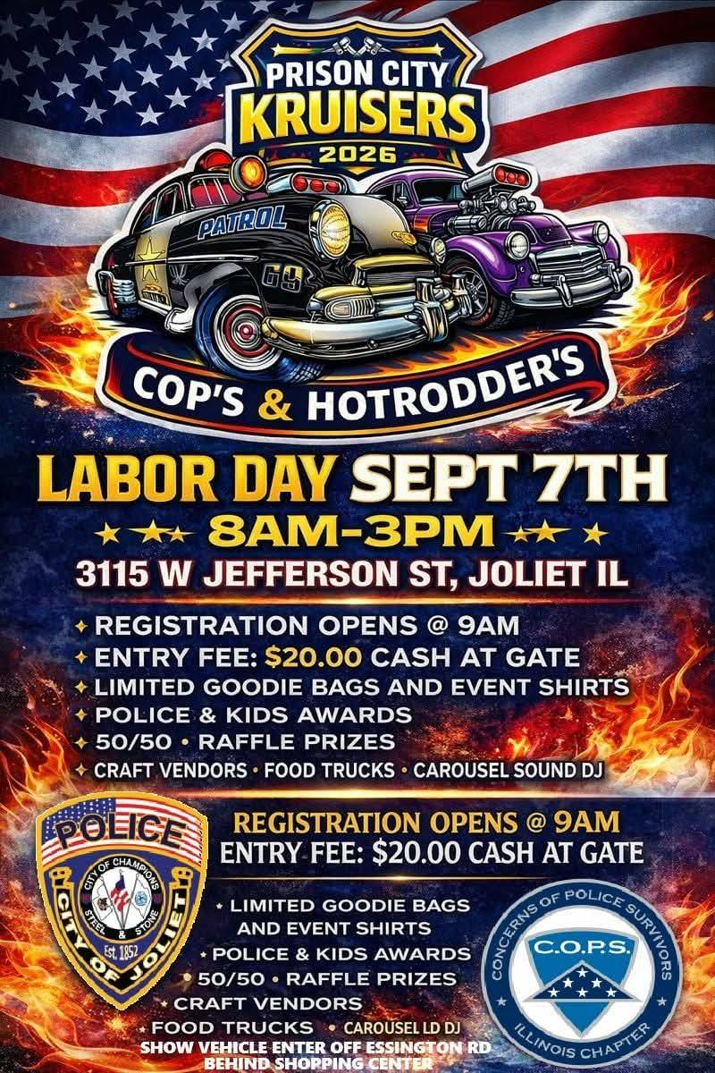 Prison City Kruisers 2026 Cop's & Hotrodder's event at 3115 W Jefferson St in Joliet, IL on September 7, 2026