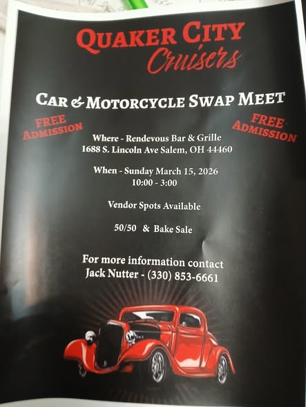 Quaker City Cruisers Car & Motorcycle Swap Meet event at Rendezvous Bar & Grille in Salem, OH on March 15, 2026