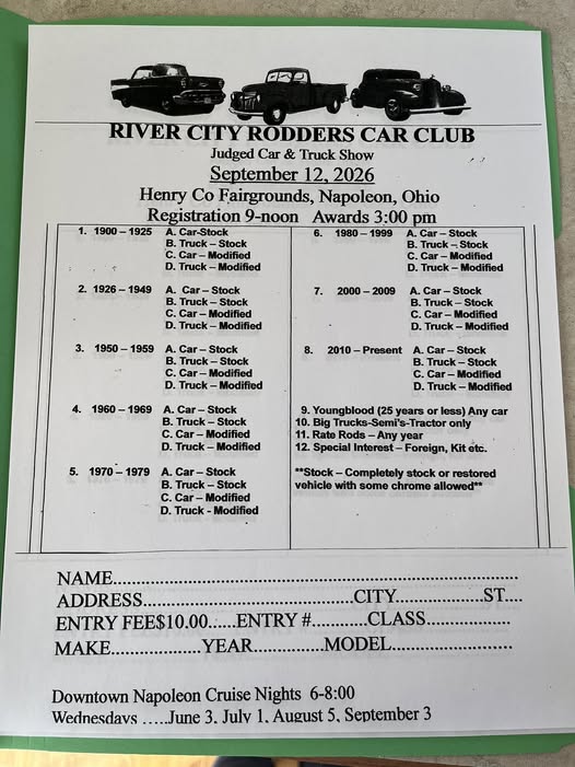 River City Rodders Car Club Judged Car & Truck Show event at Henry Co Fairgrounds in Napoleon, OH on September 12, 2026