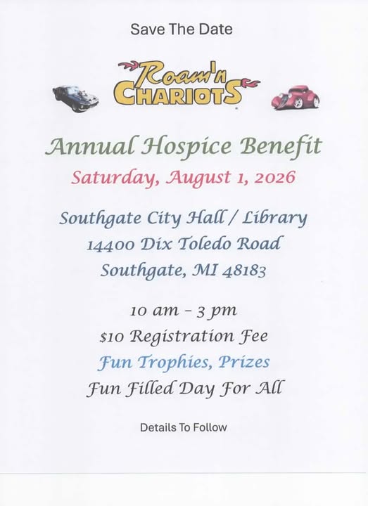 Roam'n Chariots Annual Hospice Benefit event at Southgate City Hall / Library in Southgate, MI on August 1, 2026