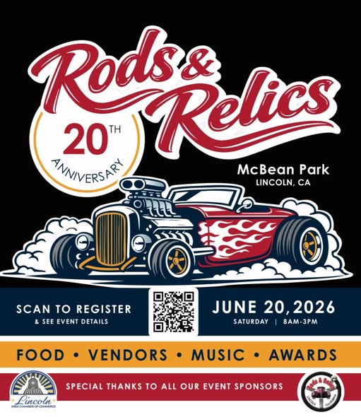 Rods & Relics 20th Anniversary event at McBean Park in Lincoln, CA on June 20, 2026