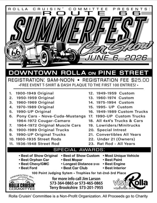 Route 66 Summerfest Car Show event at Downtown Rolla in Rolla, MO on June 6, 2026