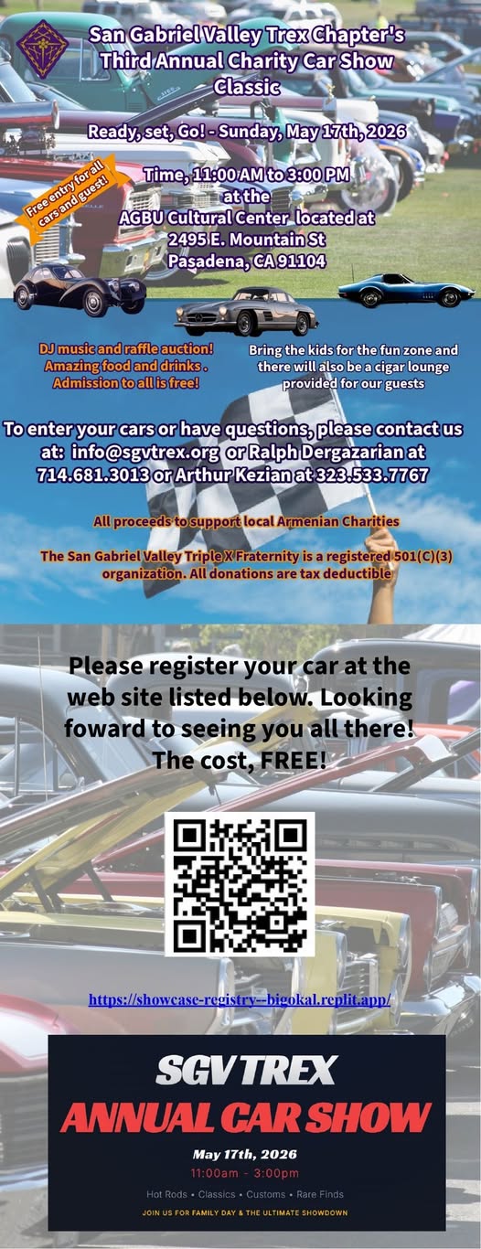 San Gabriel Valley Trex Chapter's Third Annual Charity Car Show Classic event at AGBU Cultural Center in Pasadena, CA on May 17, 2026