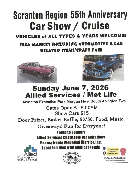 Scranton Region 55th Anniversary Car Show / Cruise event at Allied Services / Met Life in South Abington Twp., PA on June 7, 2026