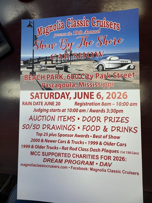 Show By The Shore Car Show event at Beach Park in Pascagoula, MS on June 6, 2026