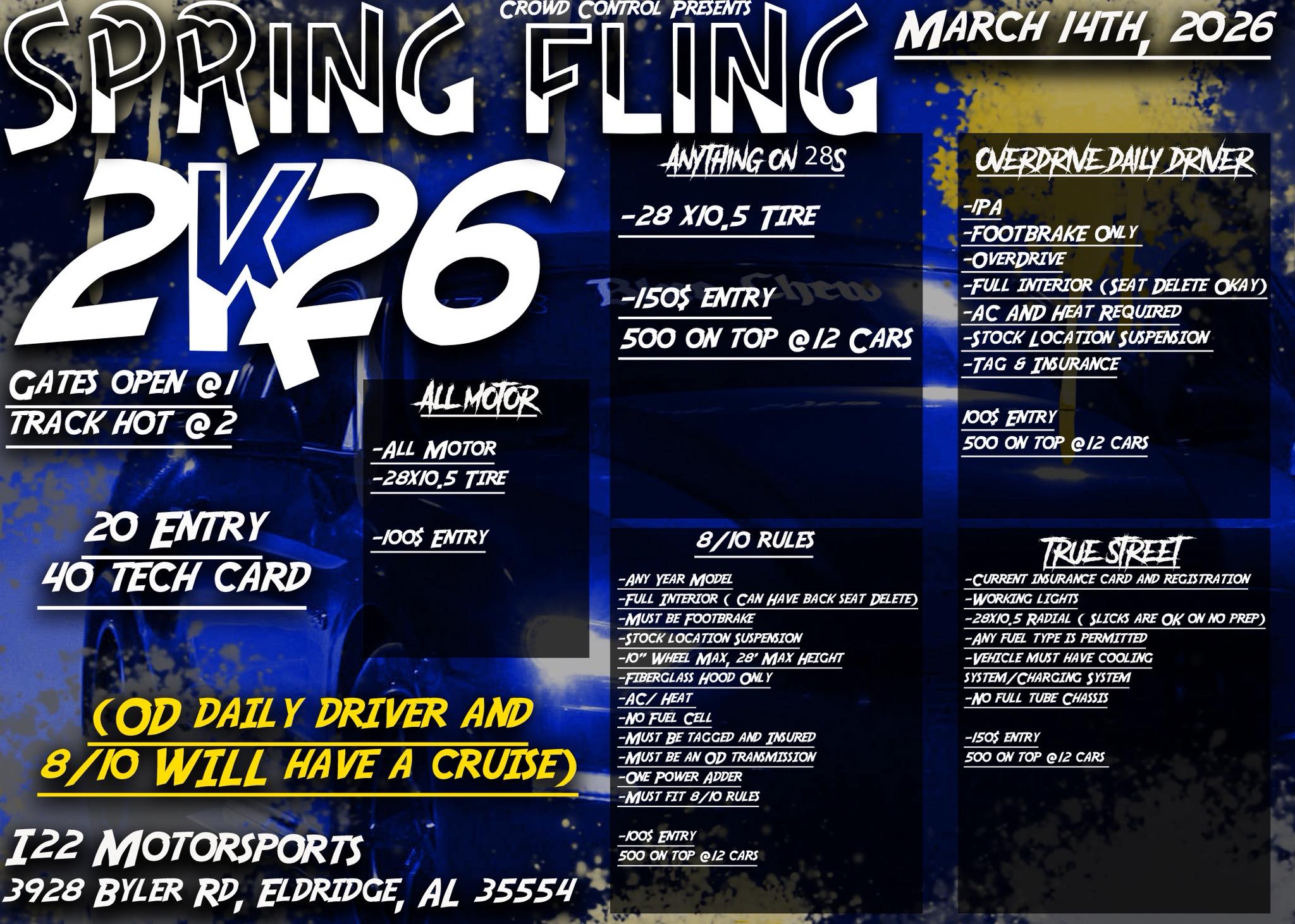Spring Fling 2K26 event at I22 Motorsports in Eldridge, AL on March 14, 2026