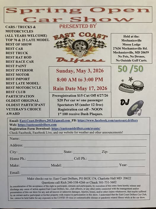 Spring Open Car Show event at Mechanicsville Moose Lodge in Mechanicsville, MD on May 3, 2026