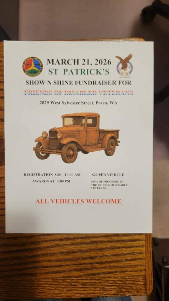 St. Patrick's car show benefiting Friends of Disabled Vets event at 2829 W. in Pasco, WA on March 21, 2026