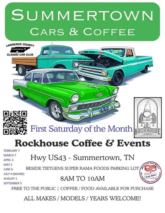 Summertown Cars & Coffee event at Rockhouse Coffee & Events in Summertown, TN on March 7, 2026