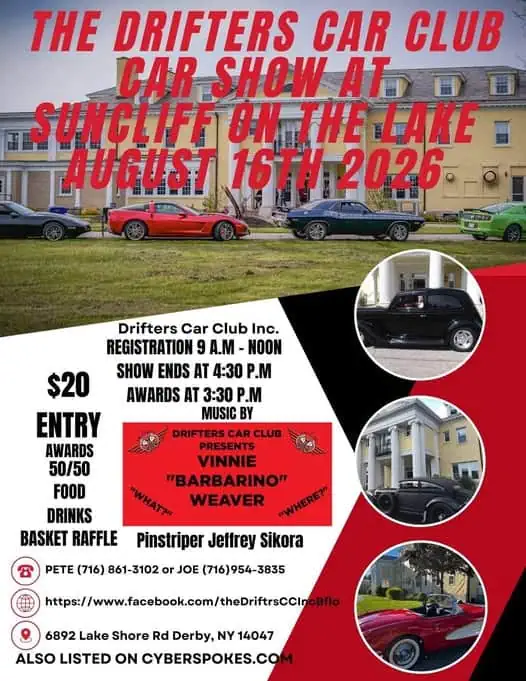 The Drifters Car Club Car Show event at Suncliff on the Lake in Derby, NY on August 16, 2026